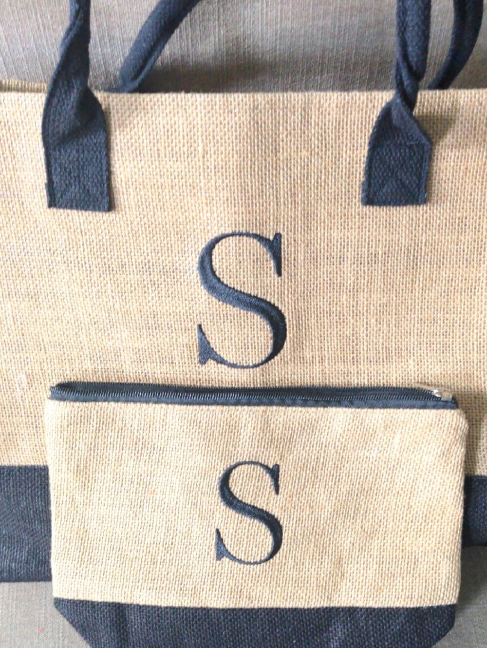 New Oversized Jute Tote Bag, Natural, Handles & Strap, Matching Small Bag